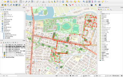 「QGIS」でルートデータを作成している様子